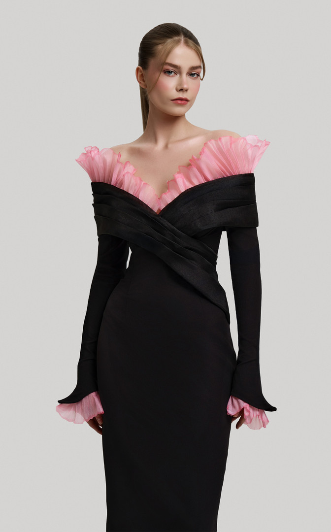 MNM Couture F02941 Ruffles Off-Shoulder Long Sleeve Gown