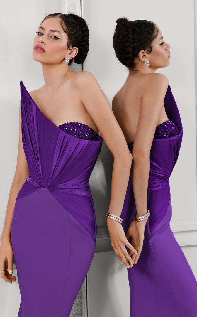 MNM Couture F03100 Rayon Crepe Beaded Asymmetry Neck Gown