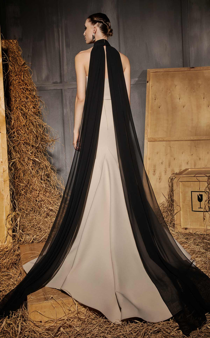 MNM Couture N0649 Rayon Crepe Organza High Neckline Gown