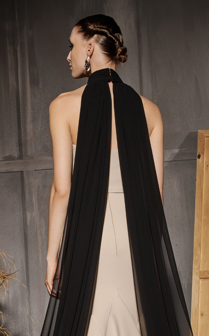 MNM Couture N0649 Rayon Crepe Organza High Neckline Gown