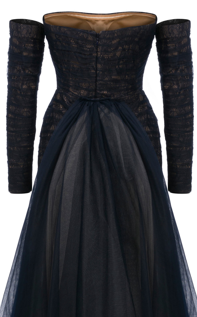 MNM Couture N0656 Lace Organza Train Sweetheart Neck Gown