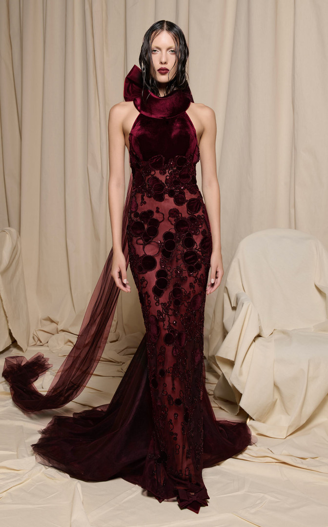 MNM Couture N0699 Velvet Mesh Embroidery Halter Neck Gown