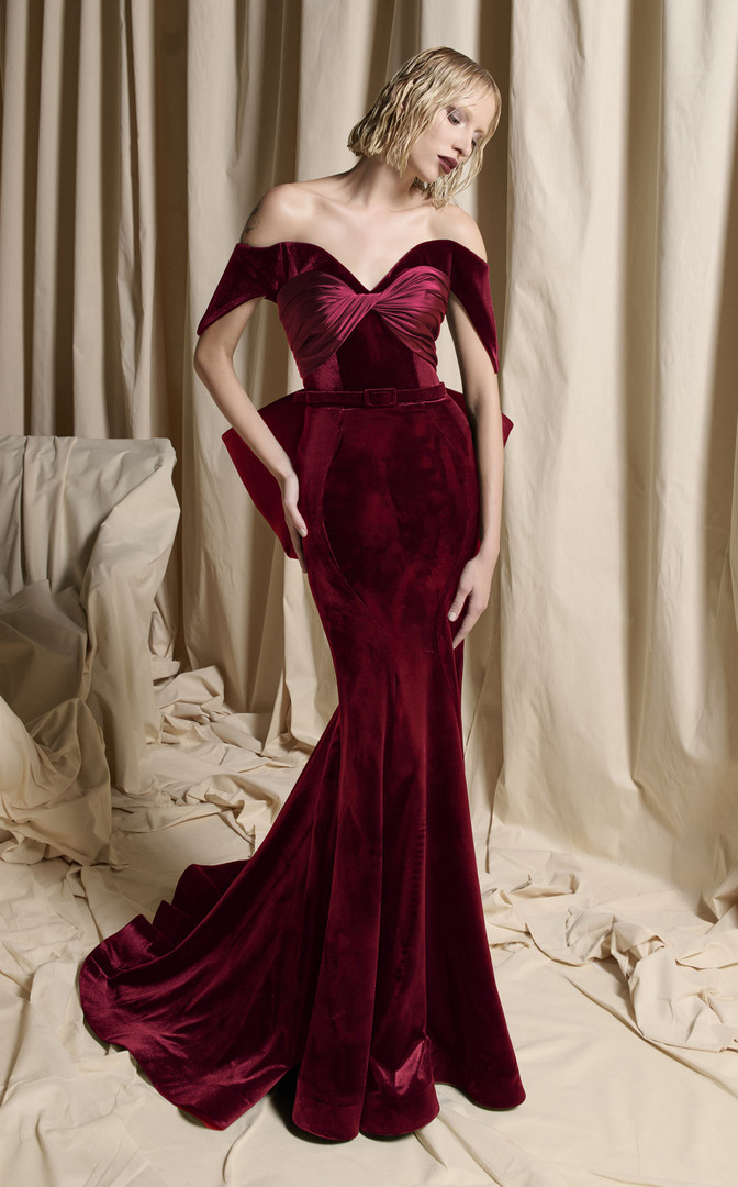 MNM Couture N0702 Velvet Structured Sleeve Off-shoulder Gown
