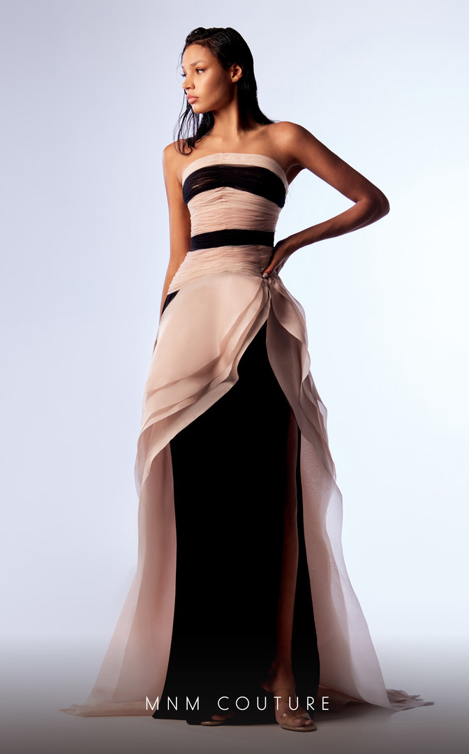MNM Couture G1734 Tulle Crepe Strapless Overskirt Dress