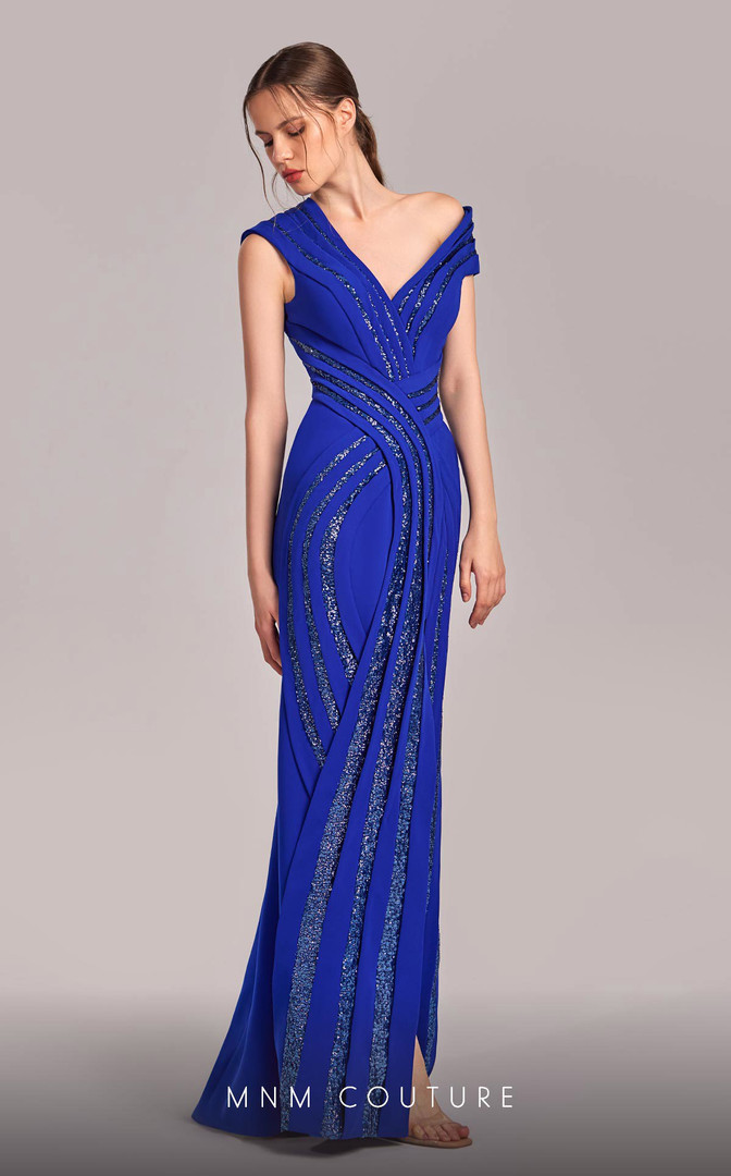 MNM Couture G1833 Crepe Sequin Embroidery V-neck Gown