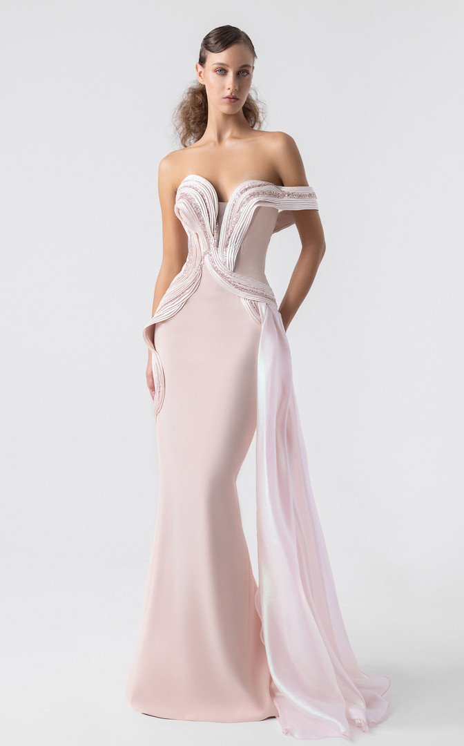 MNM Couture G1900 Crepe Plunging V-neck Off-Shoulder Gown