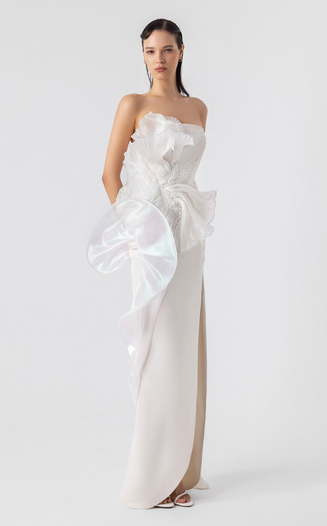 MNM Couture G1903 3D Holographic Strapless High Slit Gown
