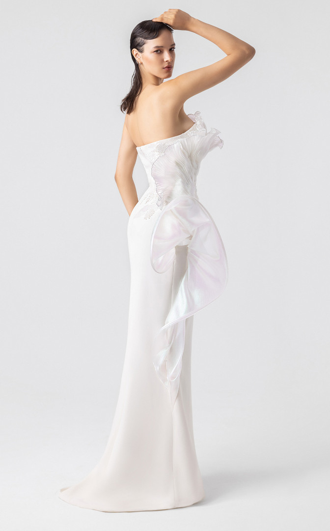 MNM Couture G1903 3D Holographic Strapless High Slit Gown