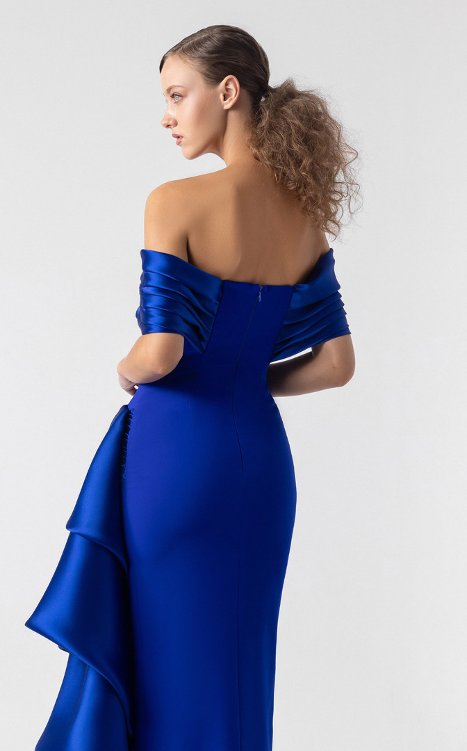 MNM Couture G1905 Satin Layers Off-Shoulder High Slit Gown
