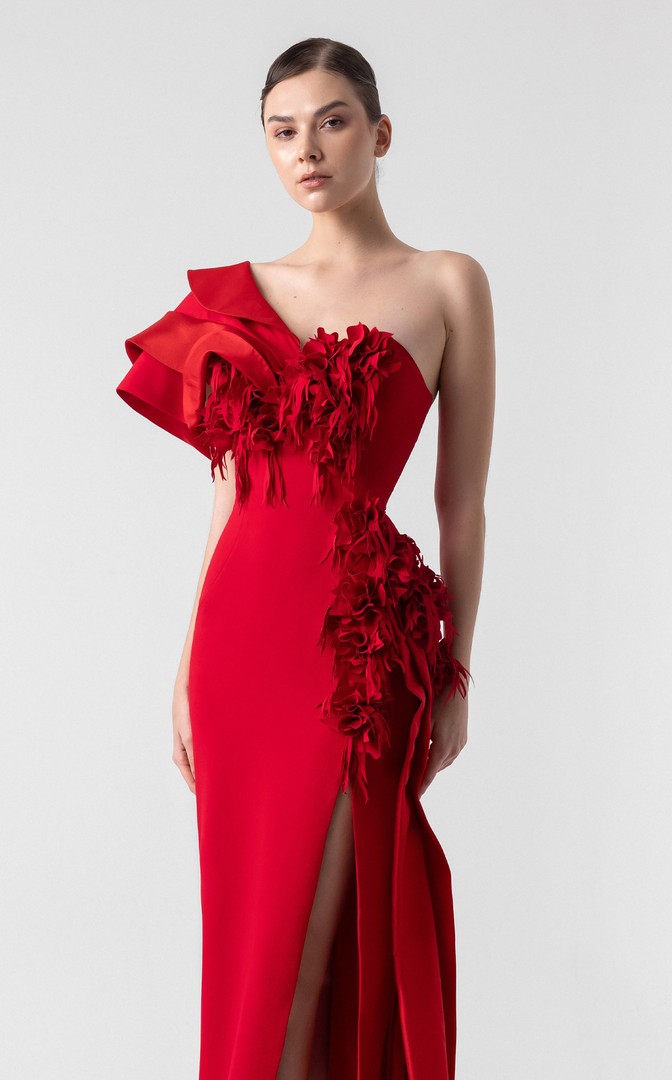 MNM Couture G1909 Satin 3D Laser-Cut One-Shoulder Long Gown