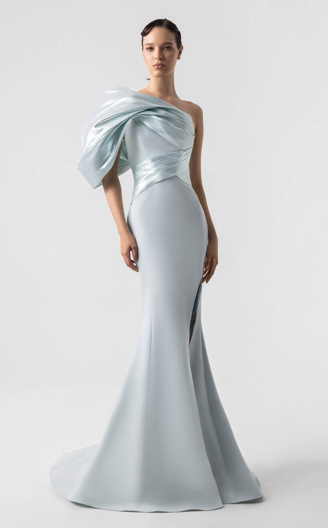 MNM Couture G1911 Crepe Metallic One Shoulder Fitted Gown