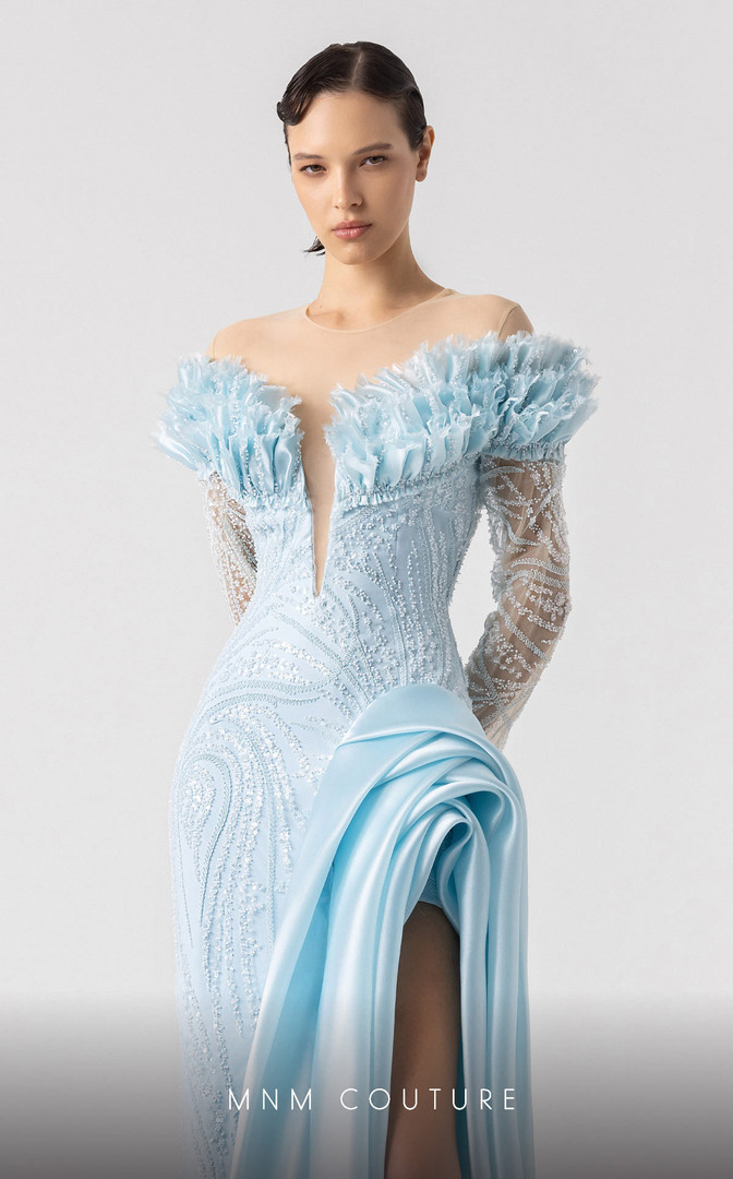 MNM Couture G1915 Lace Long Sleeve Deep V-neck Fitted Gown