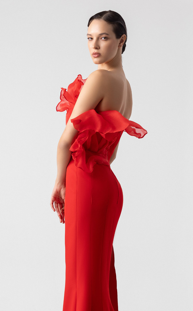 MNM Couture G1917 Textured Ruffles Plunging V-neckline Gown