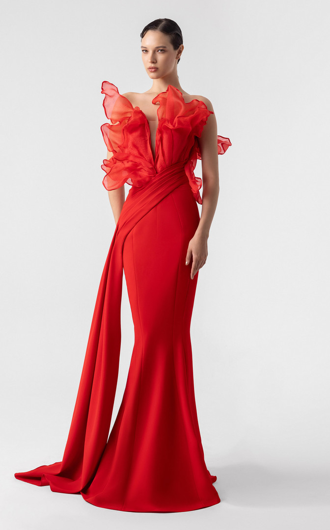 MNM Couture G1917 Textured Ruffles Plunging V-neckline Gown