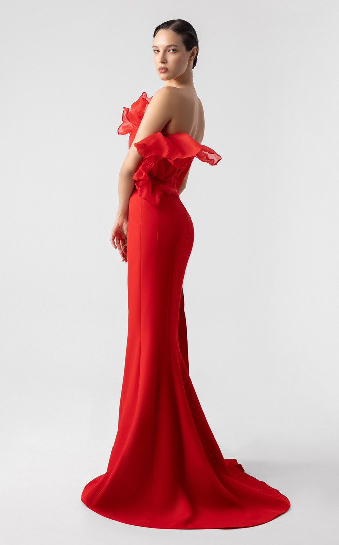 MNM Couture G1917 Textured Ruffles Plunging V-neckline Gown