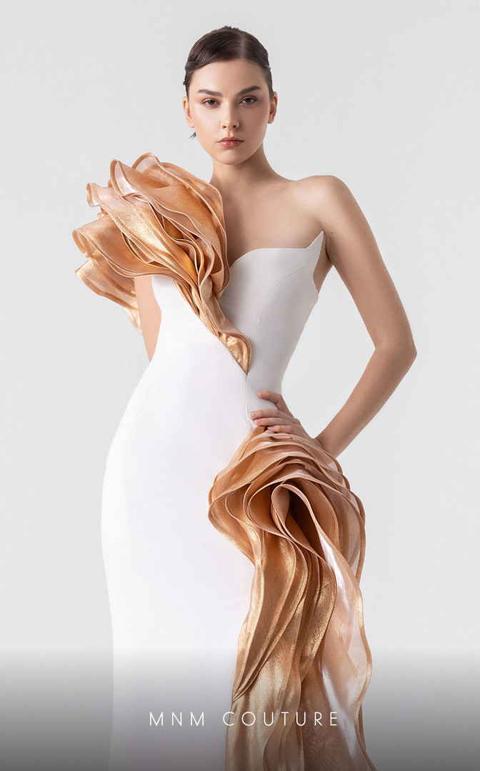 MNM Couture G1925 Bronze Cascading One Shoulder Long Gown