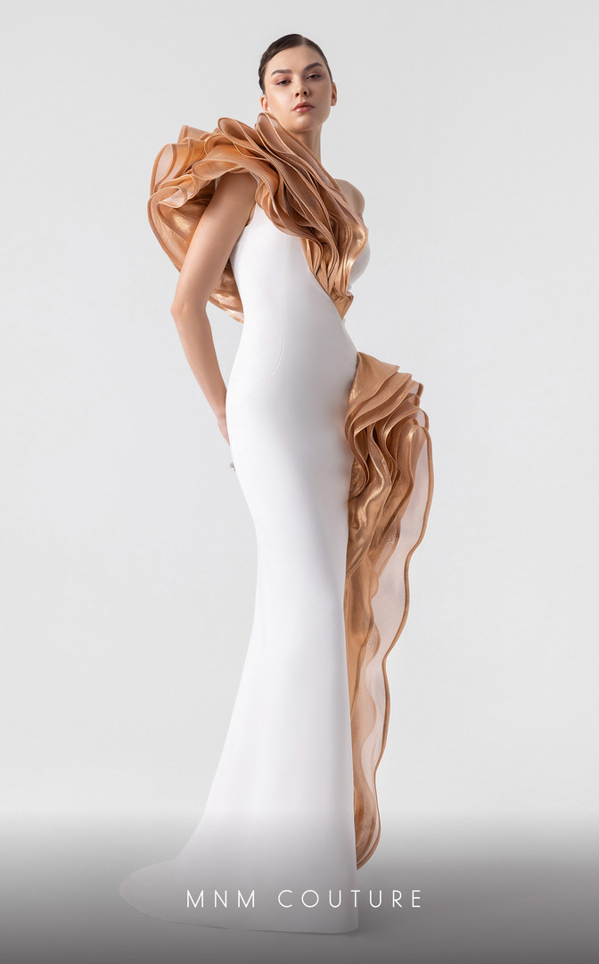 MNM Couture G1925 Bronze Cascading One Shoulder Long Gown