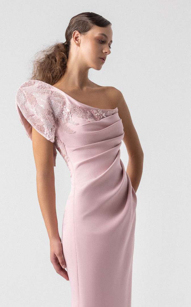 MNM Couture G1926 Embellished One Shoulder Cap Sleeve Dress