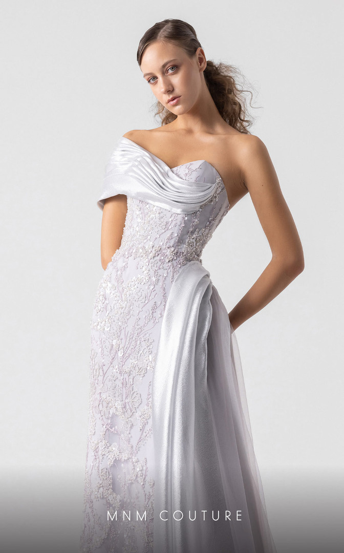 MNM Couture G1932 Lace Asymmetry Off-shoulder Long Gown