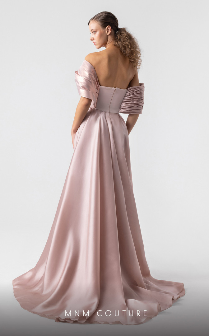 MNM Couture G1940 Satin Metallic Organza Off-shoulder Gown