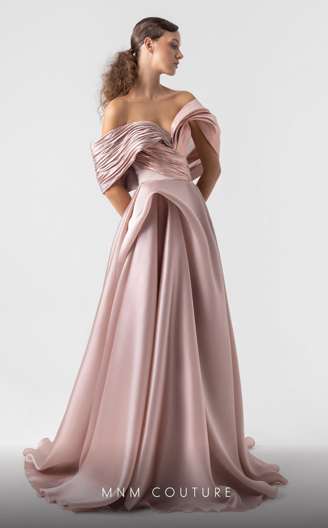 MNM Couture G1940 Satin Metallic Organza Off-shoulder Gown