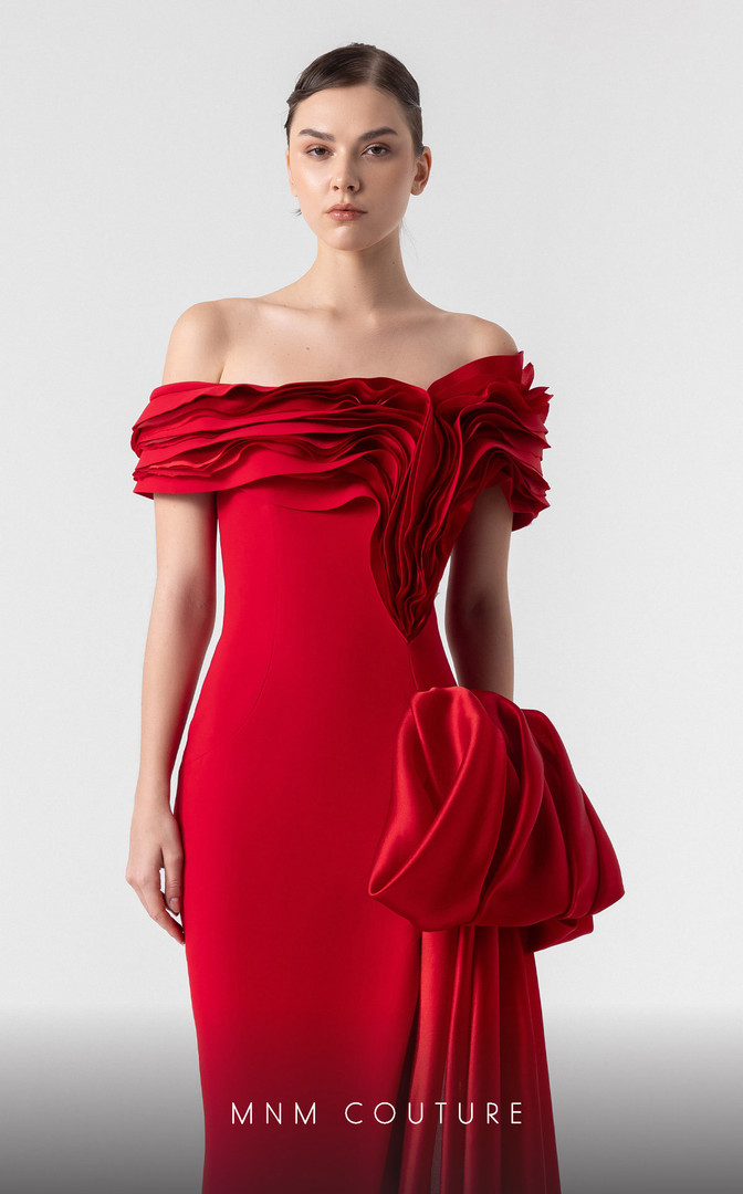 MNM Couture G1942 Scarlet Off-Shoulder Sleeve High Slit Gown