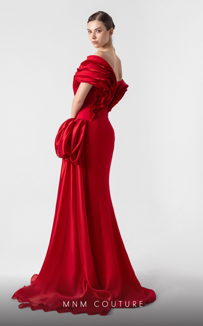 MNM Couture G1942 Scarlet Off-Shoulder Sleeve High Slit Gown