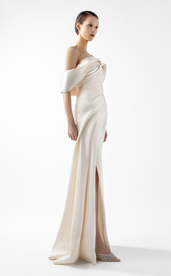 MNM Couture G2007 Crepe Embroidered Off-Shoulder Neck Gown