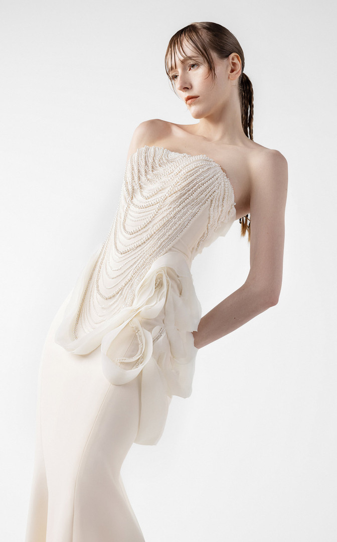 MNM Couture G2015 Pearl Lace Straight Neck Strapless Gown