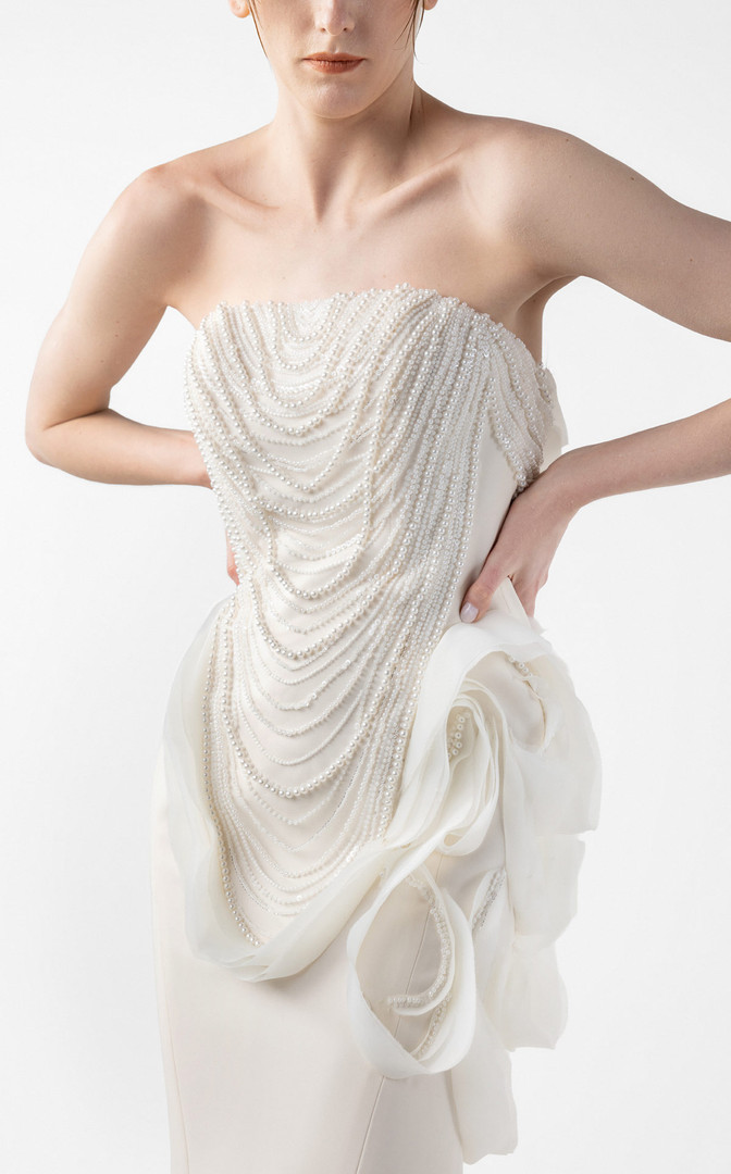 MNM Couture G2015 Pearl Lace Straight Neck Strapless Gown