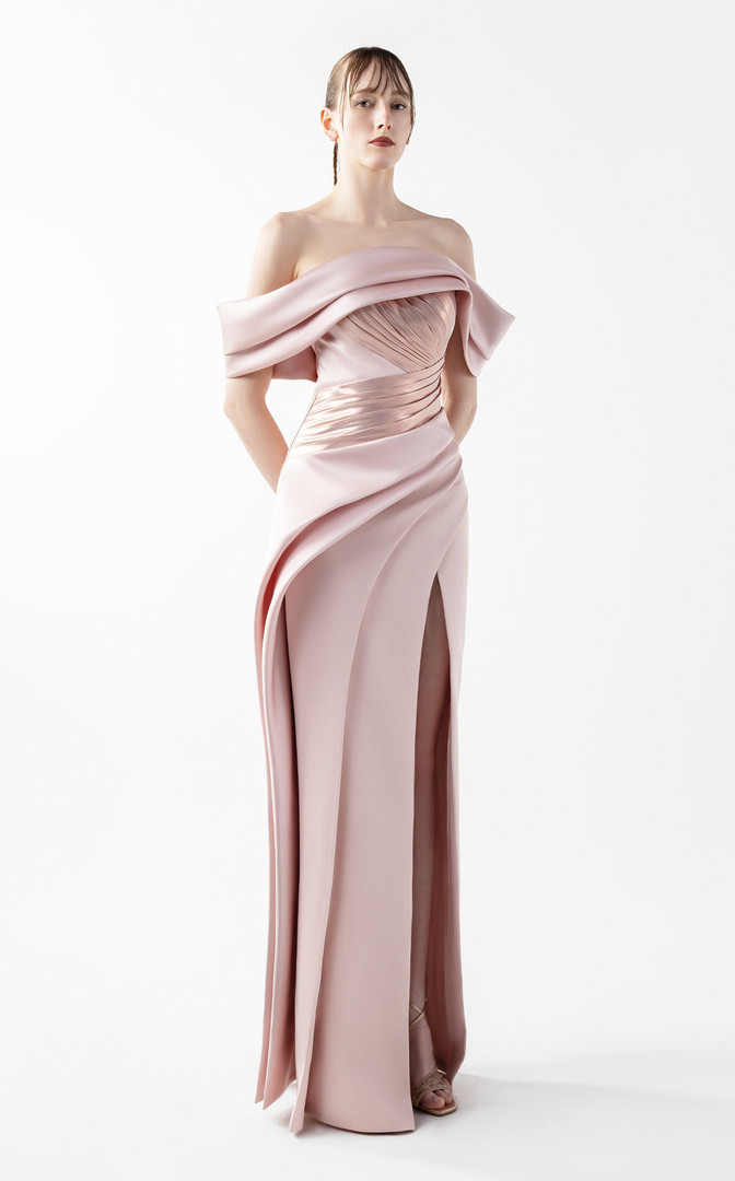 MNM Couture G2020 Crepe Metallic Off-Shoulder Sleeve Gown
