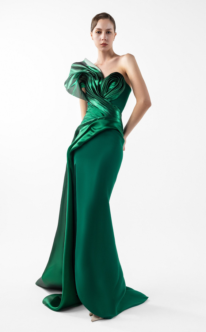 MNM Couture G2023 Crepe Asymmetric Neck Strapless Gown