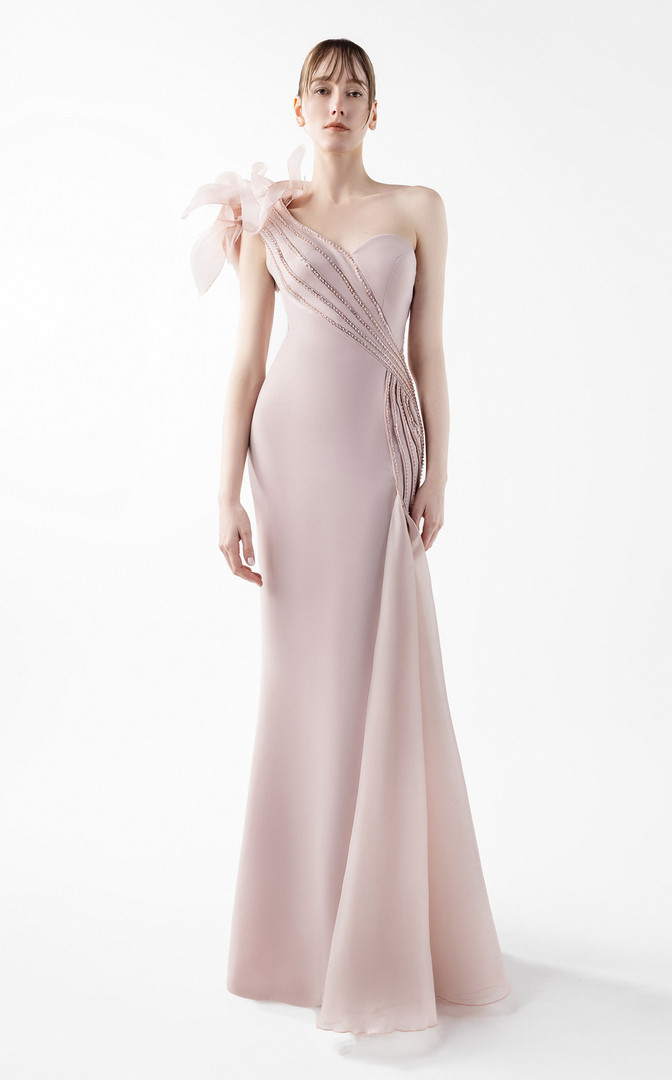 MNM Couture G2026 Organza Flower One-shoulder Neck Gown