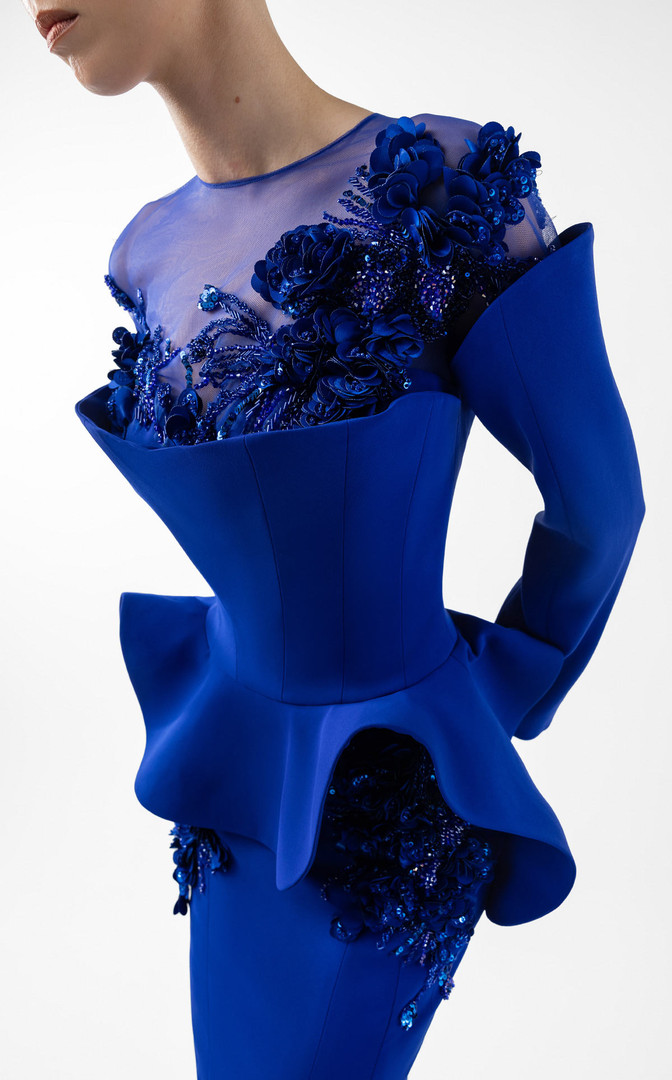 MNM Couture G2029 Crepe Illusion Tulle Neck Long Sleeve Gown