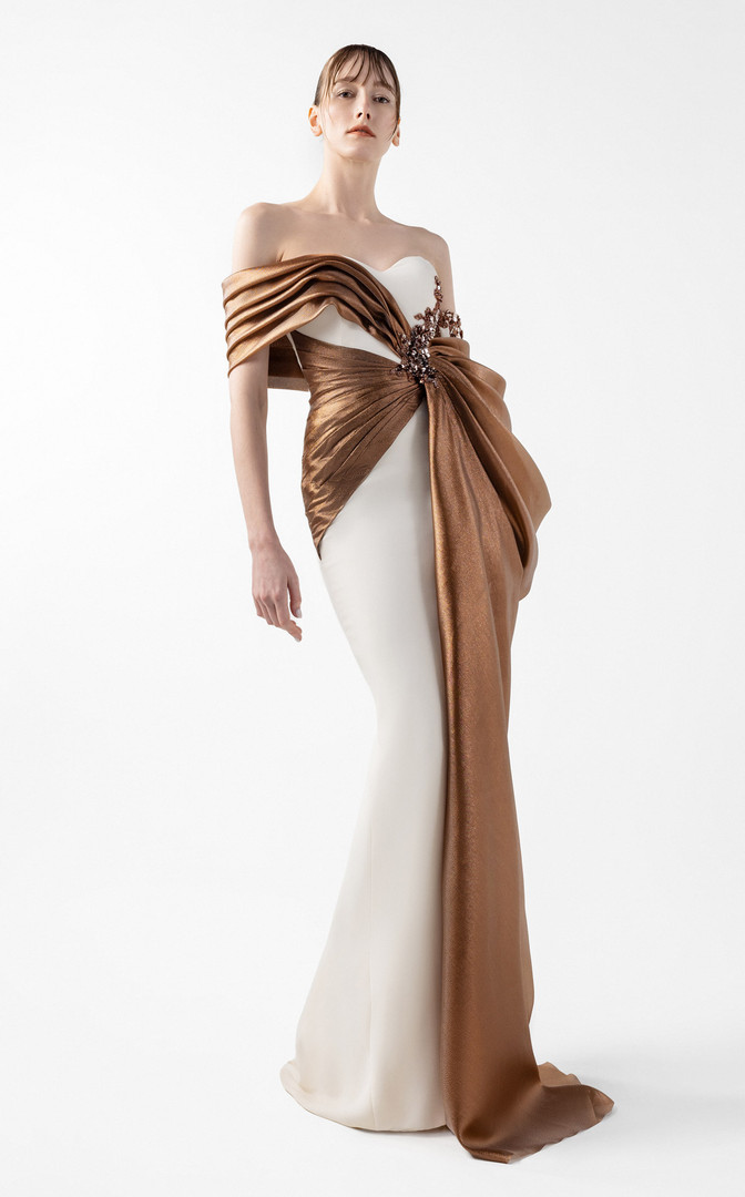 MNM Couture G2030 Crepe Organza Draping Off-shoulder Gown