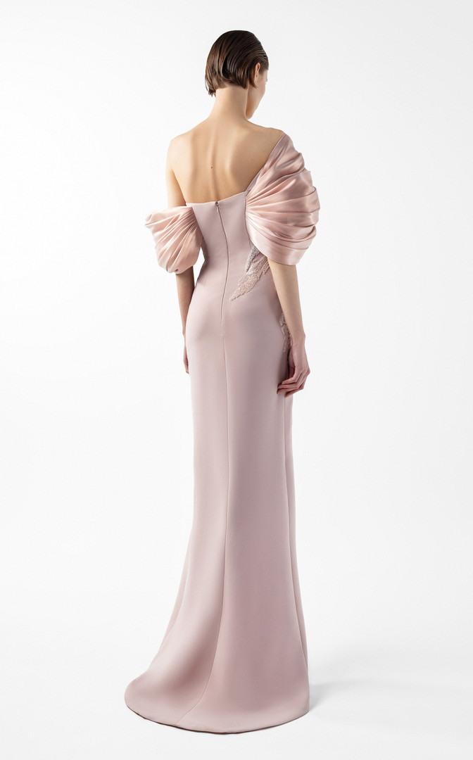 MNM Couture G2034 Crepe Metallic Off-Shoulder Neckline Gown