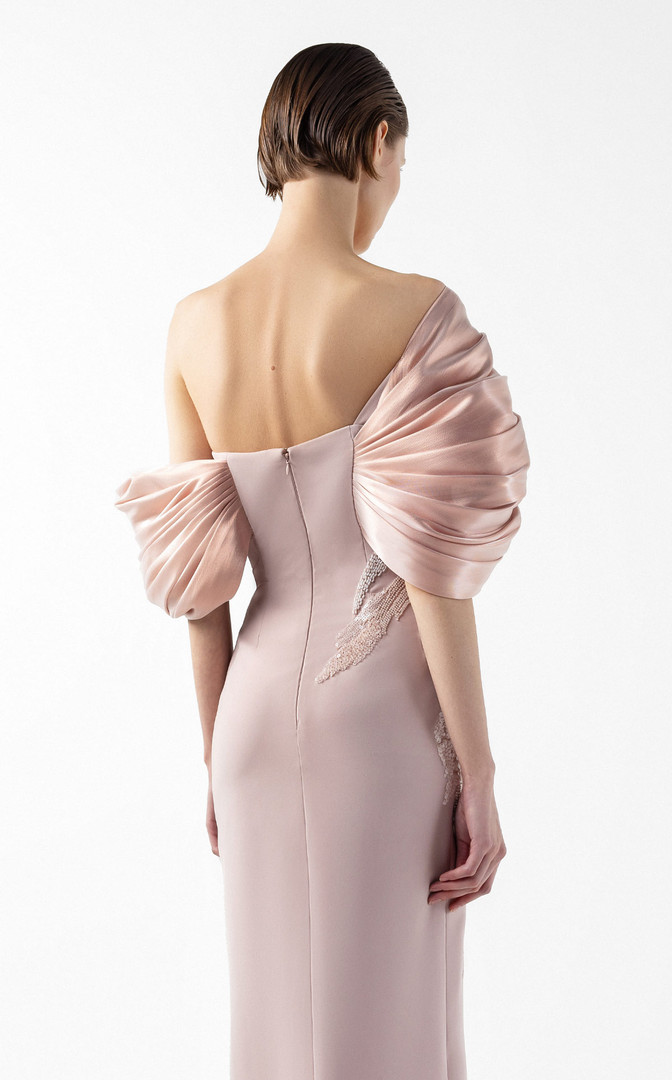 MNM Couture G2034 Crepe Metallic Off-Shoulder Neckline Gown