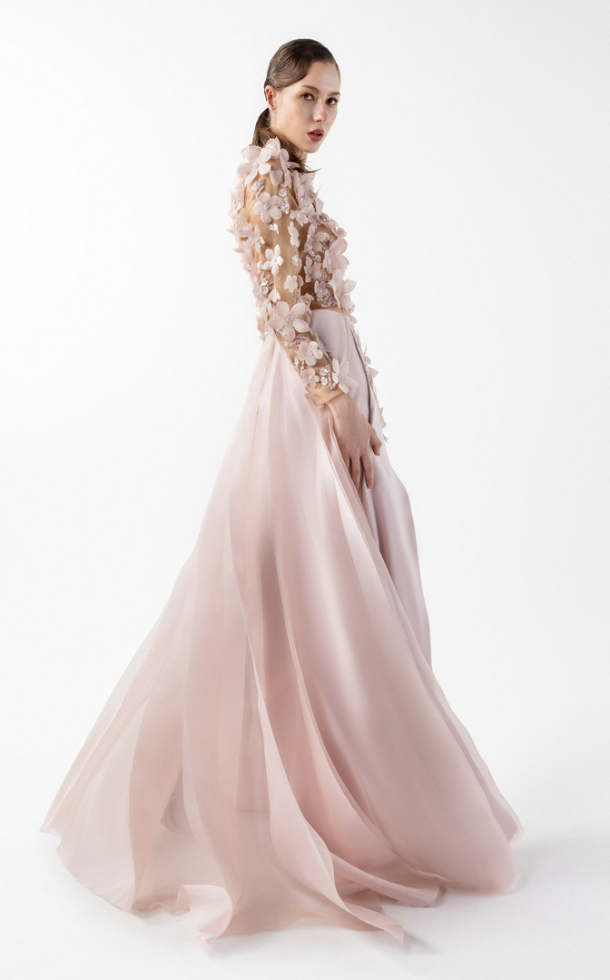 MNM Couture G2035 Floral Illusion Tulle Long Sleeves Gown
