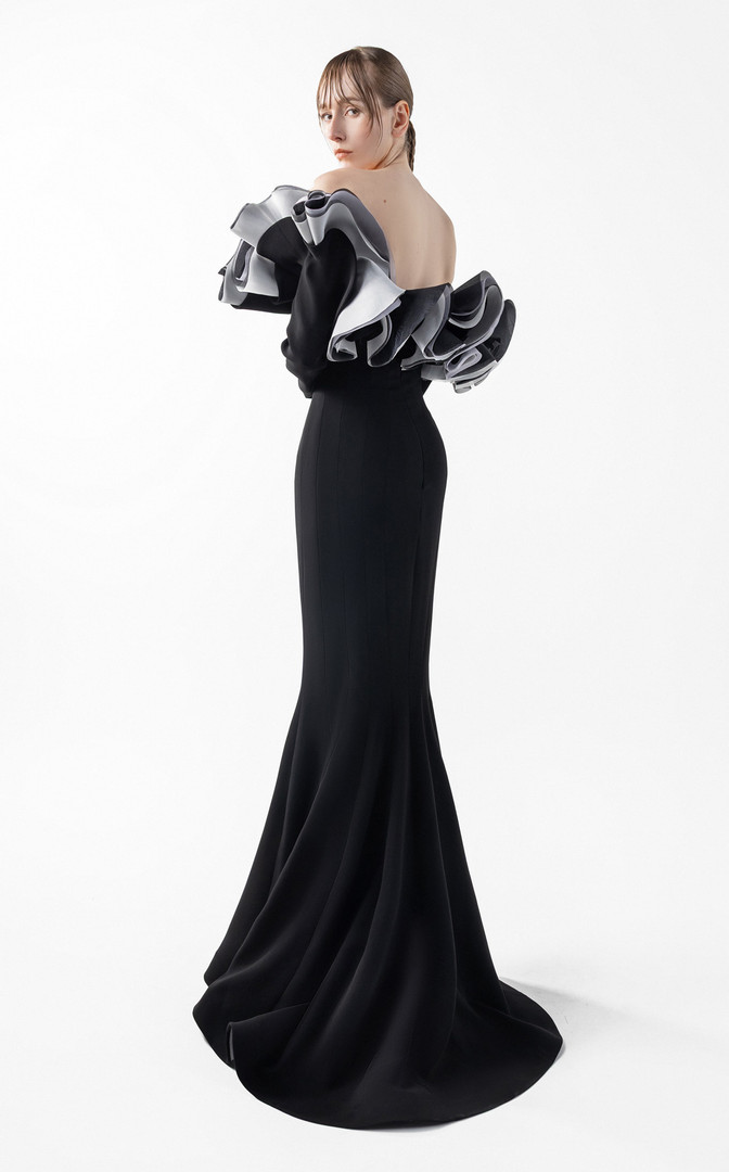 MNM Couture G2036 Sculptural Ruffles Off-shoulder Neck Gown