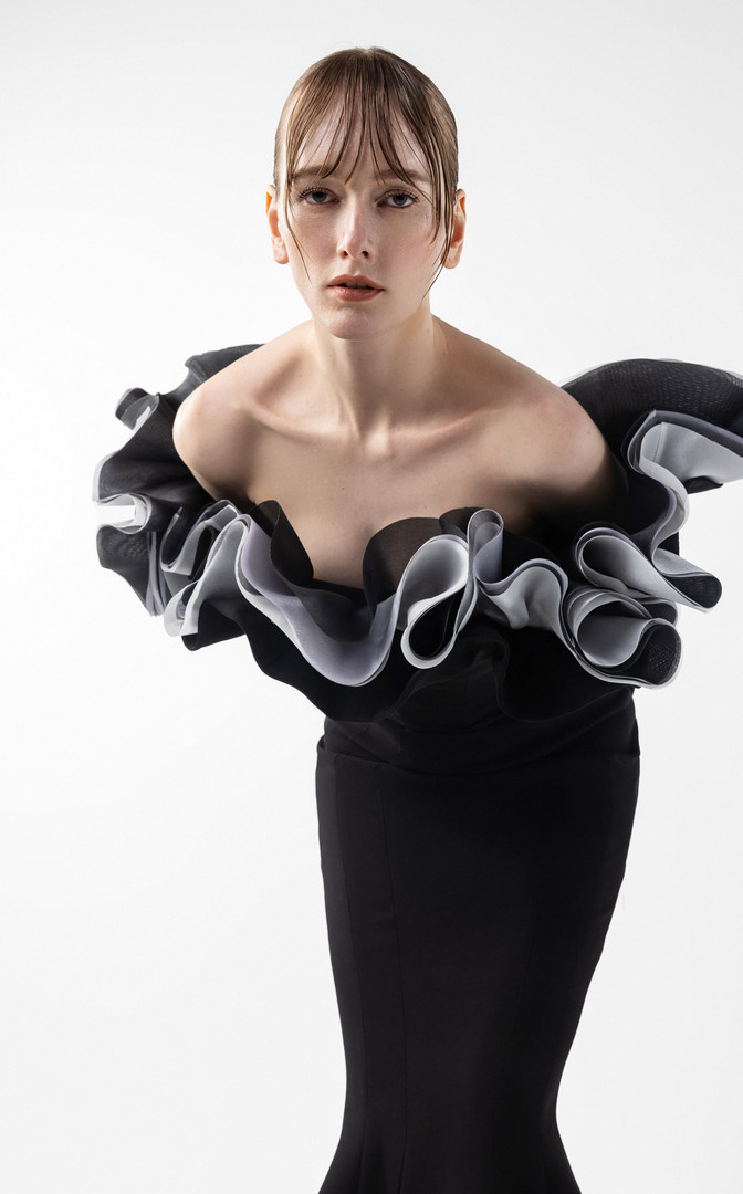 MNM Couture G2036 Sculptural Ruffles Off-shoulder Neck Gown