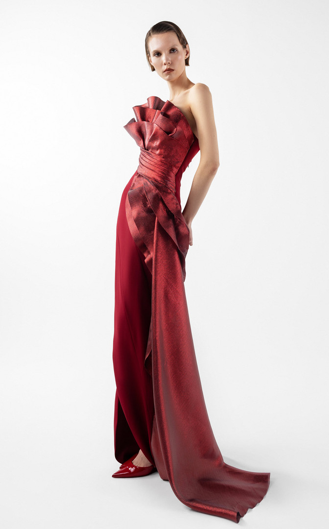 MNM Couture G2037 Sleek Crepe Layered Bodice Strapless Gown
