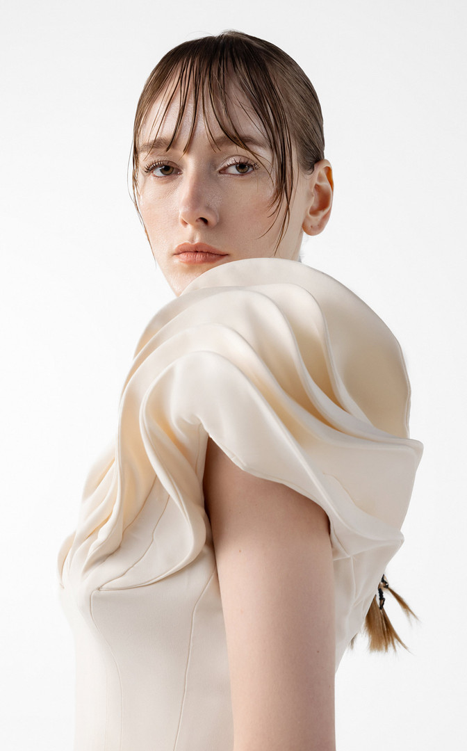 MNM Couture G2039 Crepe Architectural Sleeves V-neck Gown