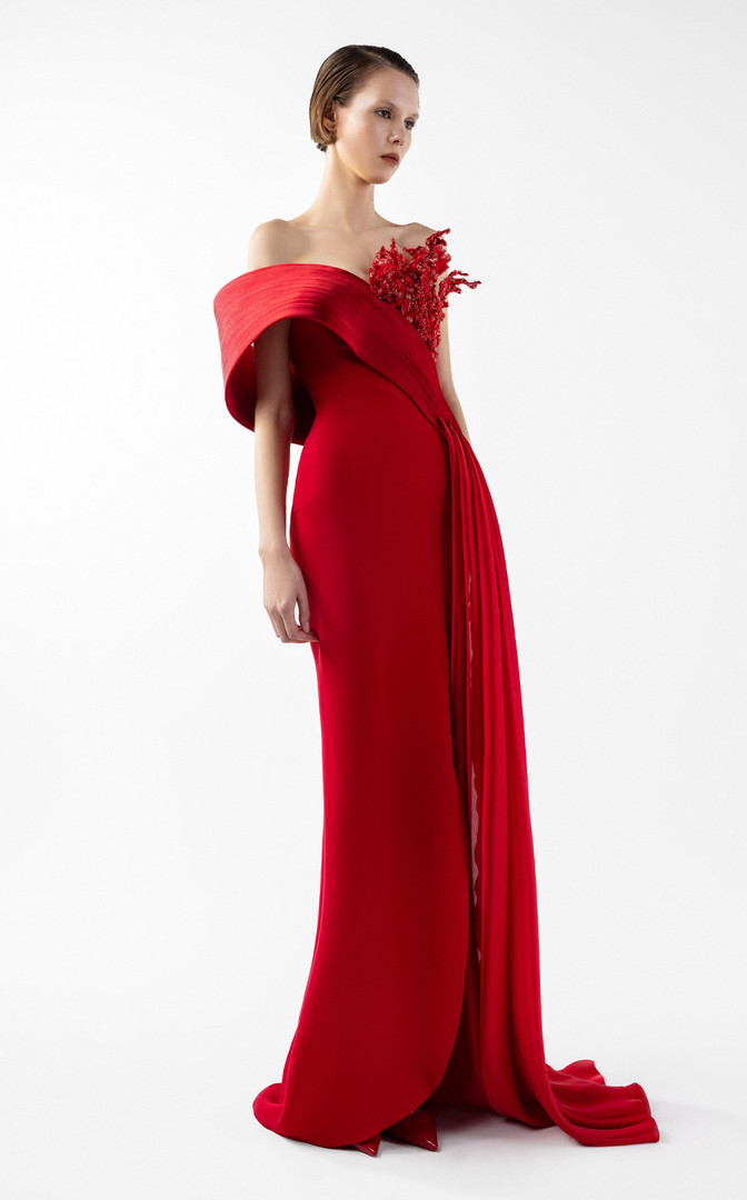 MNM Couture G2040 Crepe Scarlet Draped Off-shoulder Gown