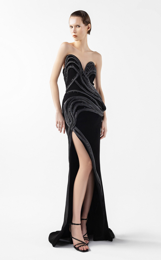 MNM Couture G2048 Asymmetrical Anthracite Lam Strapless Gown