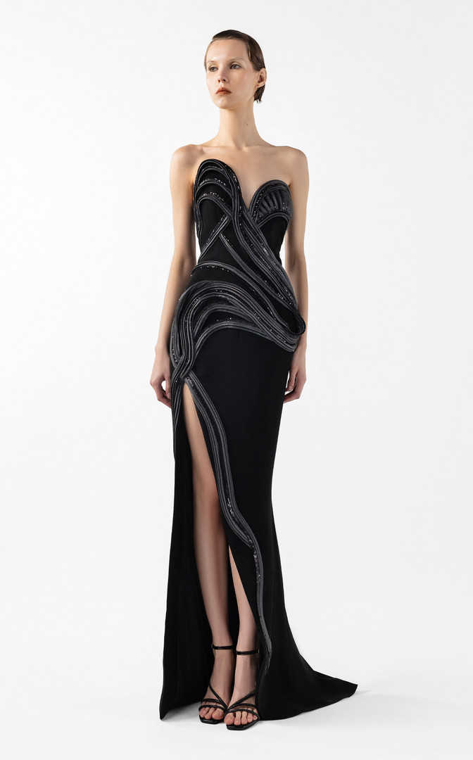 MNM Couture G2048 Asymmetrical Anthracite Lam Strapless Gown