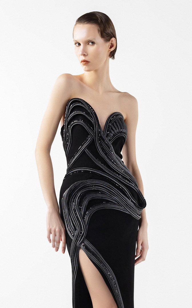 MNM Couture G2048 Asymmetrical Anthracite Lam Strapless Gown