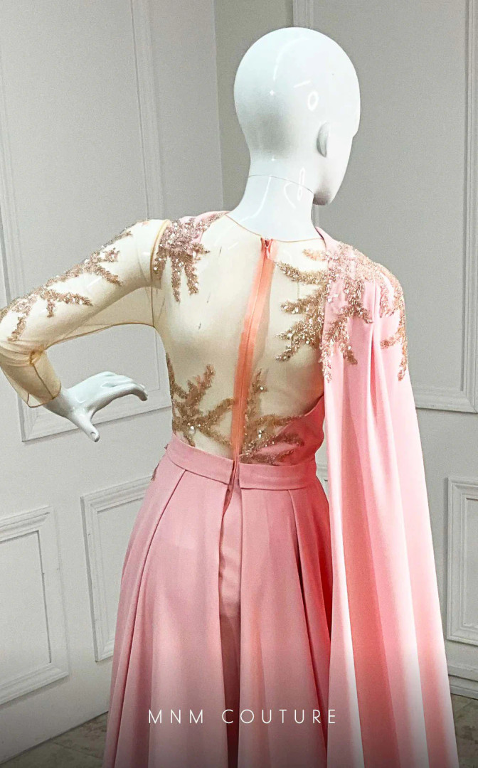 MNM Couture K4143 Rayon Crepe Mesh One Long Sleeve Gown