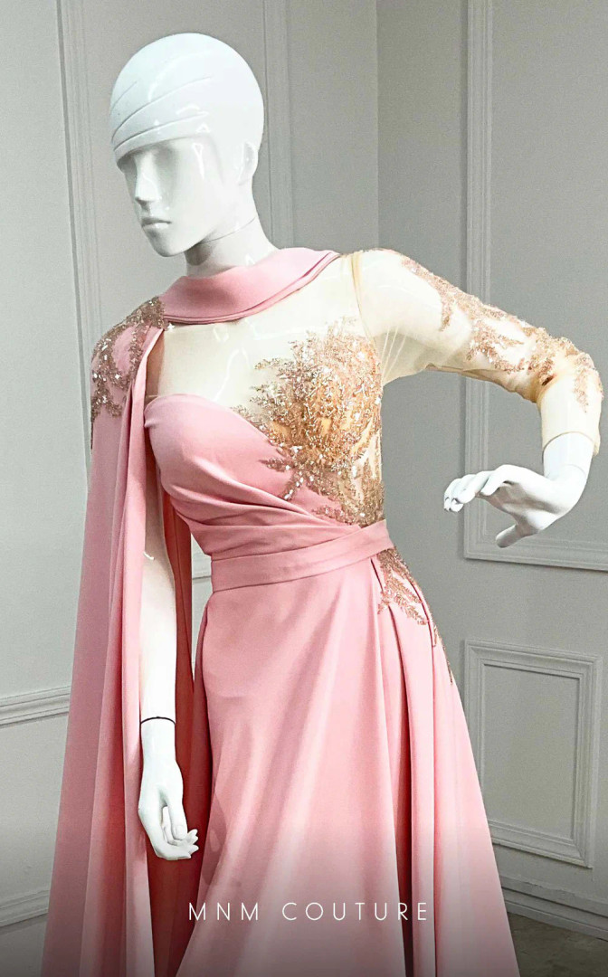 MNM Couture K4143 Rayon Crepe Mesh One Long Sleeve Gown