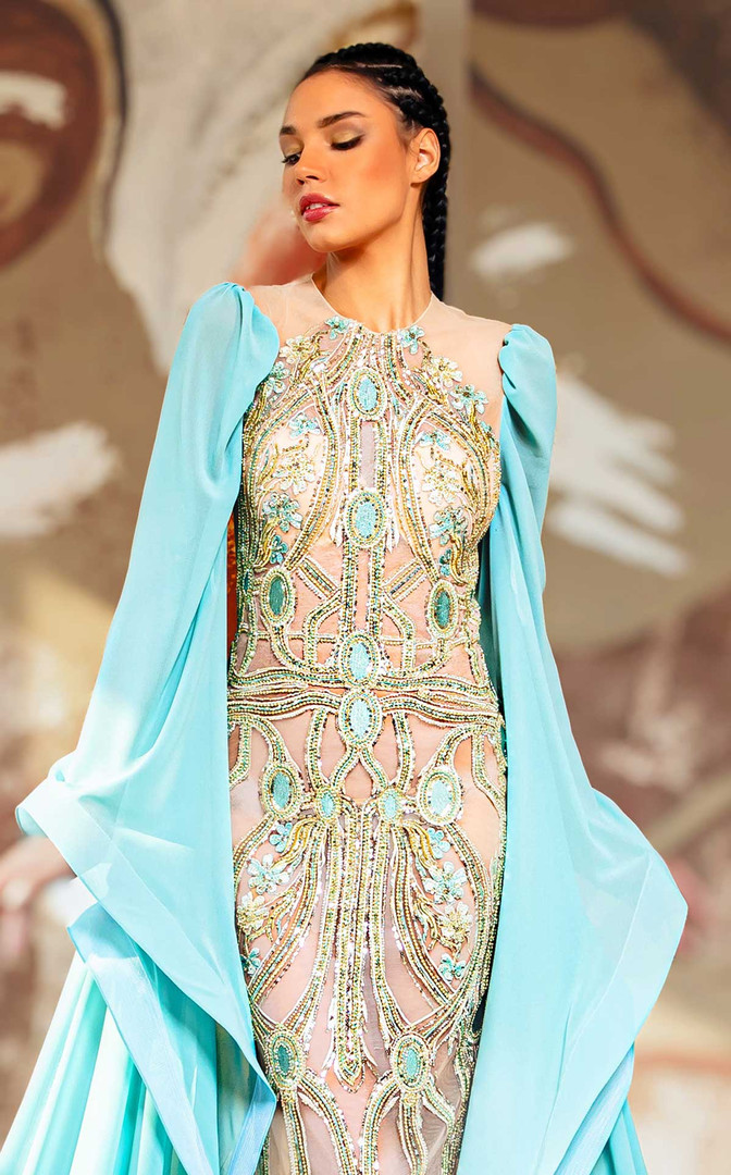 MNM Couture K4169 Beaded Jewel Neck Long Cape Sleeve Gown