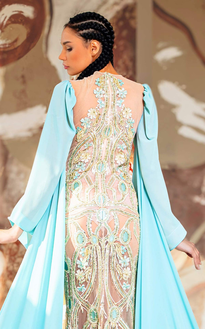 MNM Couture K4169 Beaded Jewel Neck Long Cape Sleeve Gown